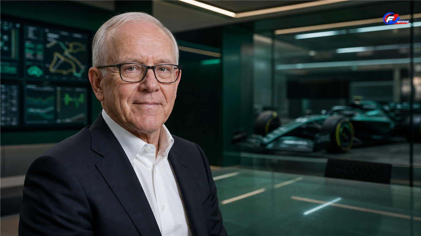 Visuel éditorial généré par IA montrant Robert Wood Johnson dans un environnement Aston Martin F1