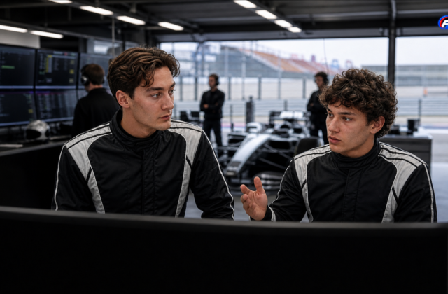 George Russell et Kimi Antonelli dans un garage fictif, illustration de la consigne Mercedes à Zandvoort — visuel éditorial généré par IA pour F1 Univers.