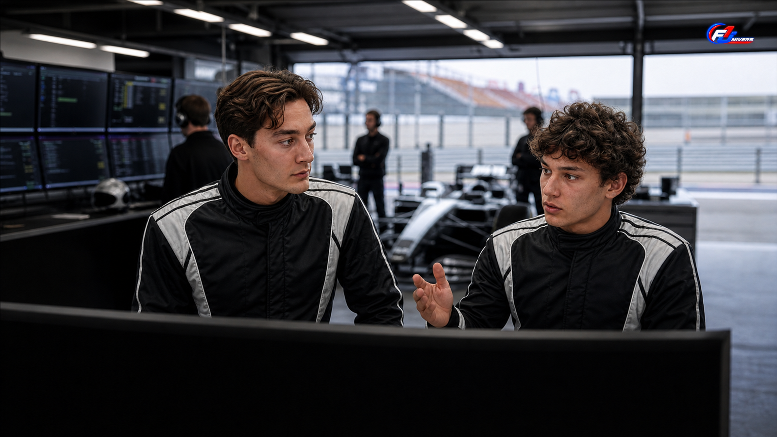 George Russell et Kimi Antonelli dans un garage fictif, illustration de la consigne Mercedes à Zandvoort — visuel éditorial généré par IA pour F1 Univers.