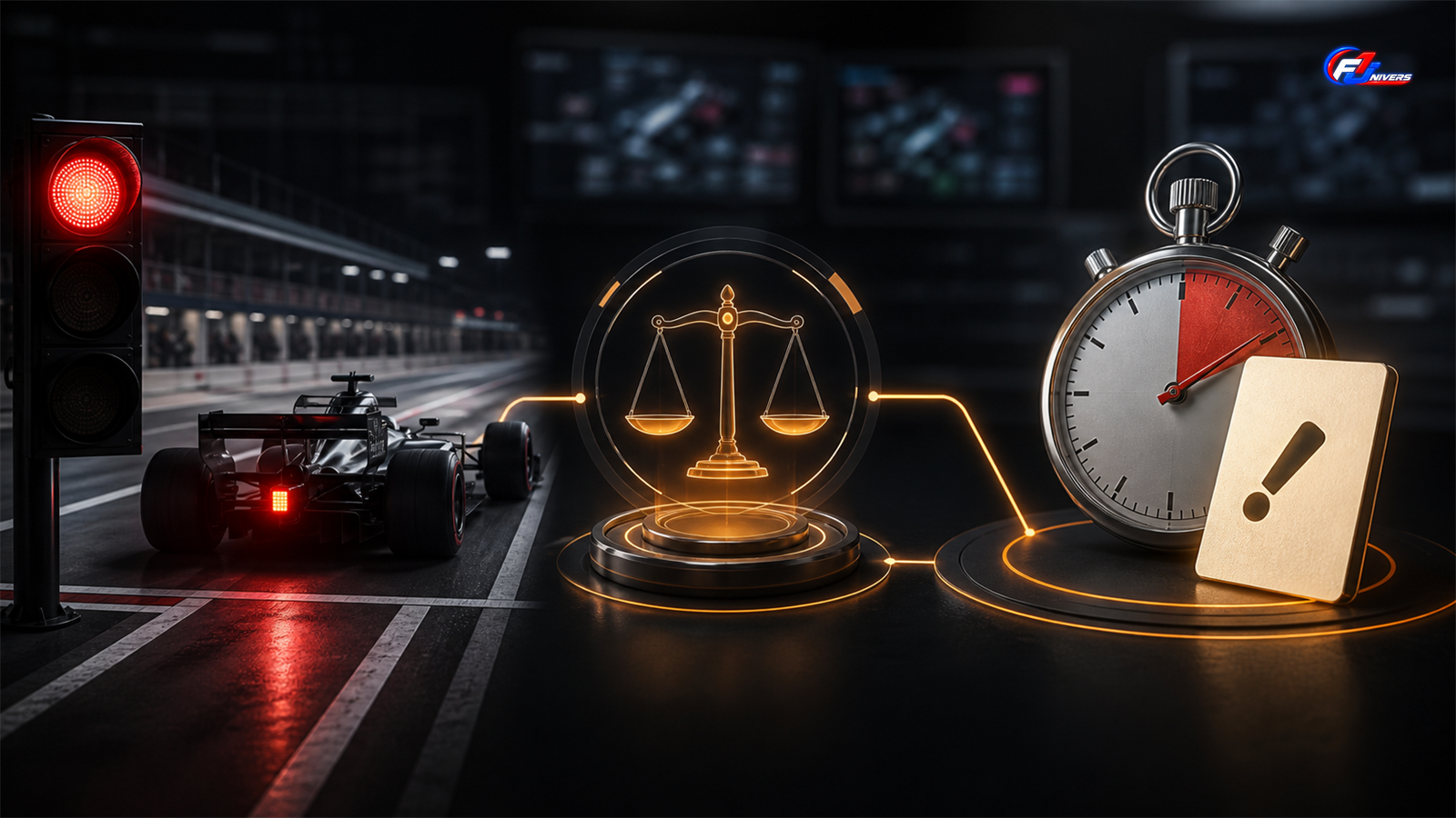 Visualisation de la sanction de référence et de la réprimande retenue pour un feu rouge ignoré — visuel éditorial généré par IA pour F1 Univers