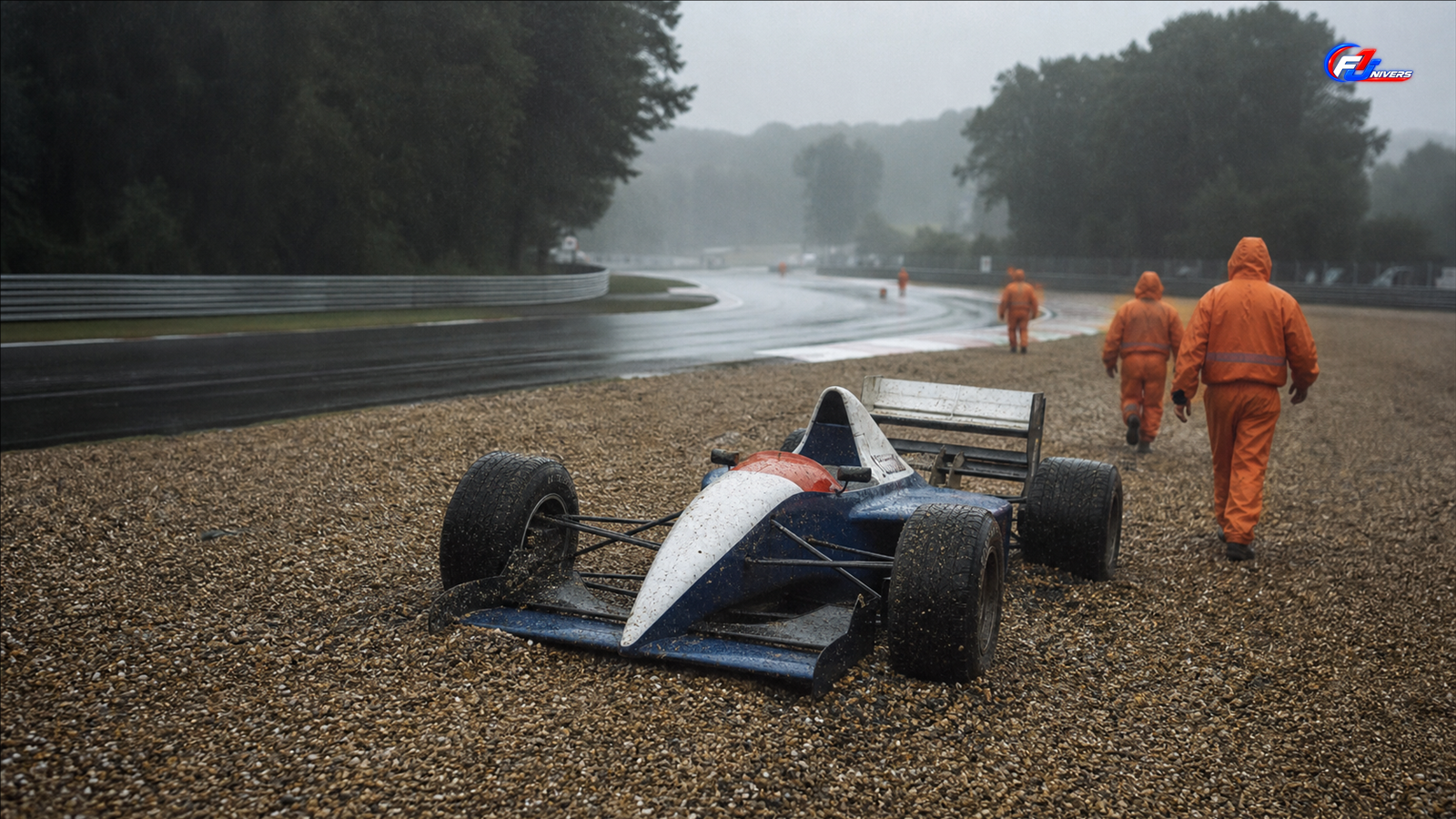 Monoplace fictive des années 1990 arrêtée dans les graviers sous la pluie, illustration d’un abandon à domicile — visuel éditorial généré par IA pour F1 Univers.