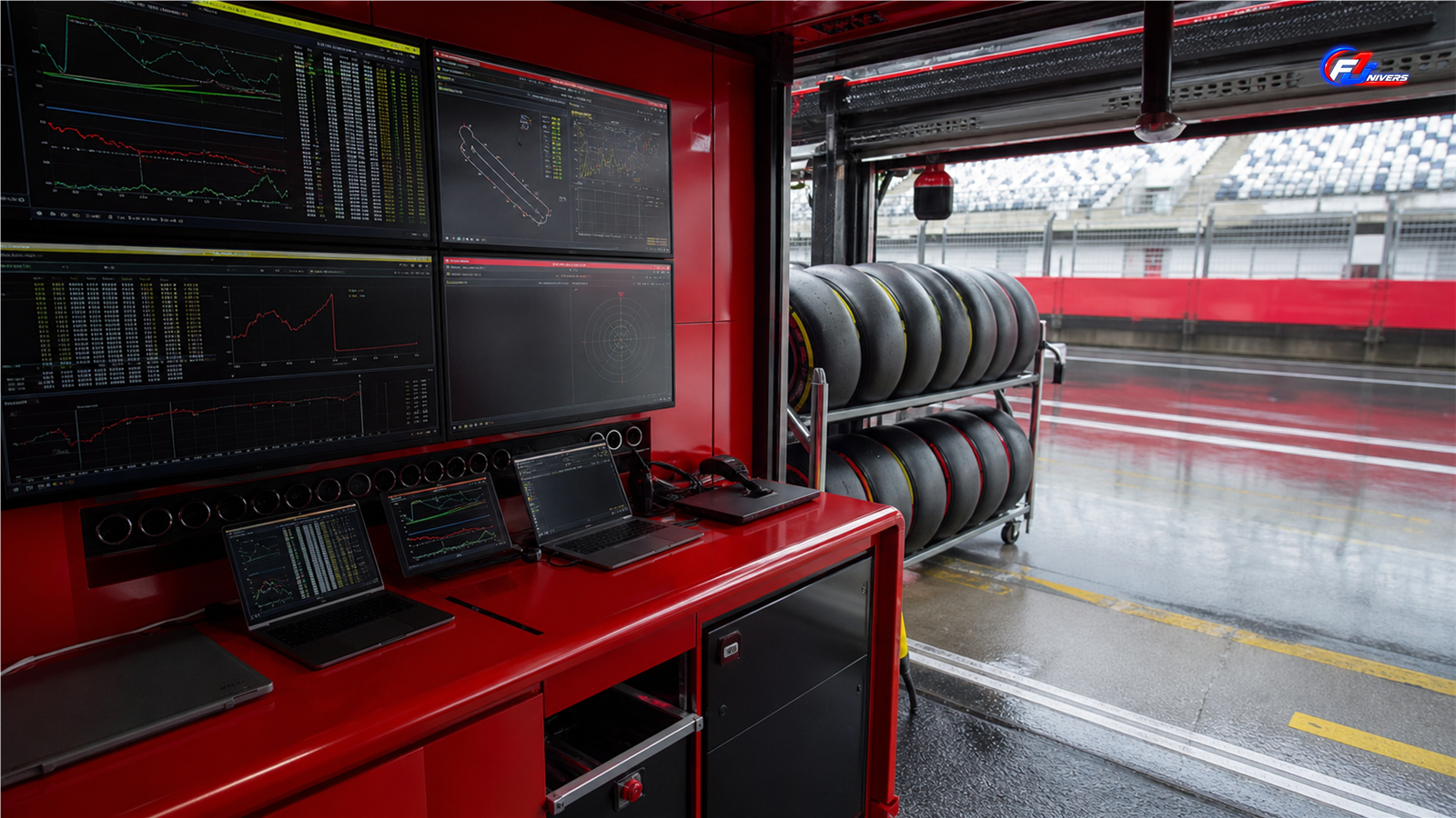 Espace de stratégie Ferrari avec pneus et écrans dans les stands à Zandvoort, visuel éditorial généré par IA