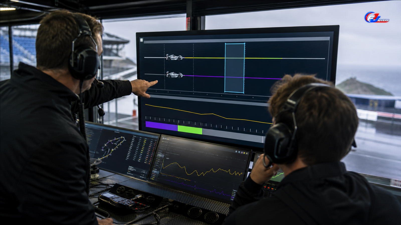 Deux ingénieurs fictifs analysant une fenêtre d’arrêt sous VSC sur des écrans abstraits — visuel éditorial généré par IA pour F1 Univers.