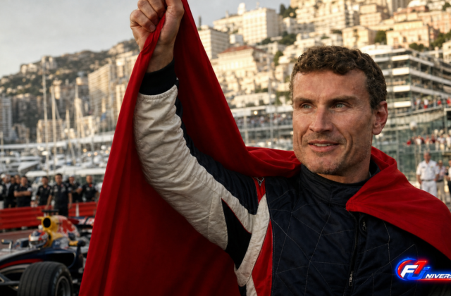David Coulthard célèbre le premier podium de Red Bull à Monaco en 2006 avec une cape rouge
