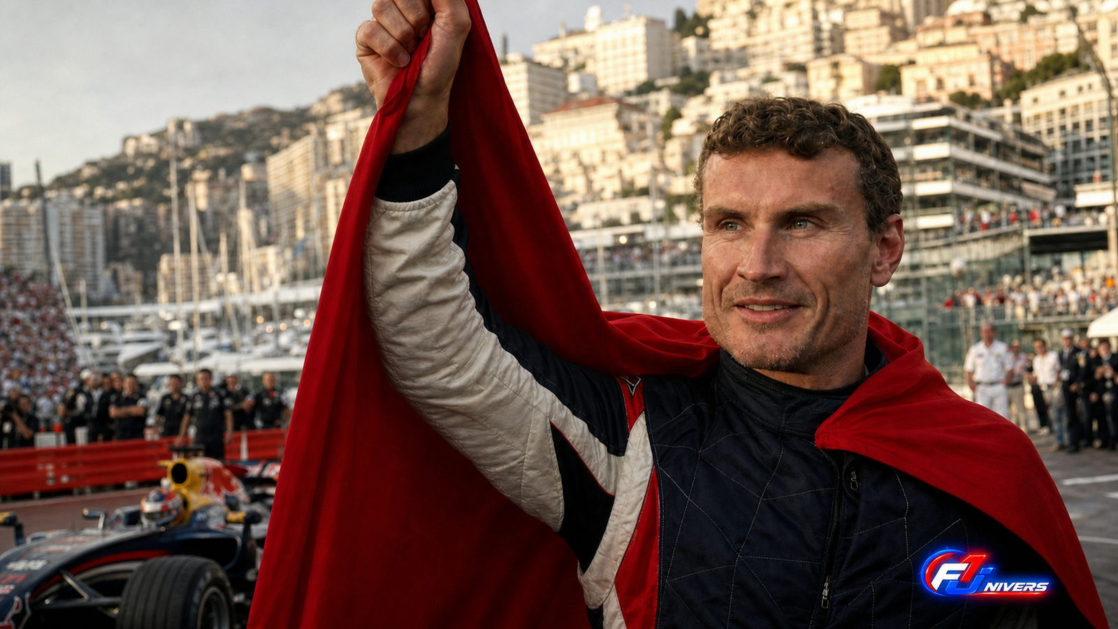David Coulthard célèbre le premier podium de Red Bull à Monaco en 2006 avec une cape rouge