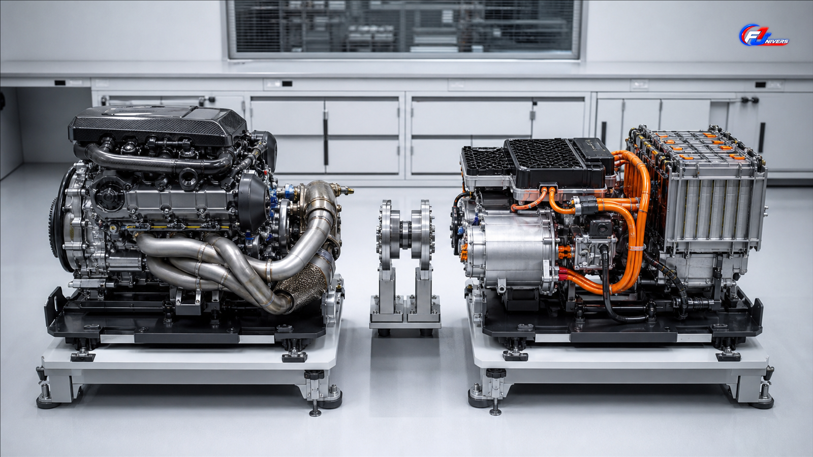 Modules thermique et électrique fictifs séparés dans un atelier, illustration d’une unité de puissance de F1 2026 — visuel éditorial généré par IA pour F1 Univers.