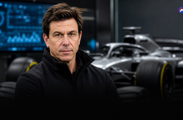 Visuel éditorial généré par IA : Toto Wolff dans un garage de Formule 1, devant une monoplace argentée floue.