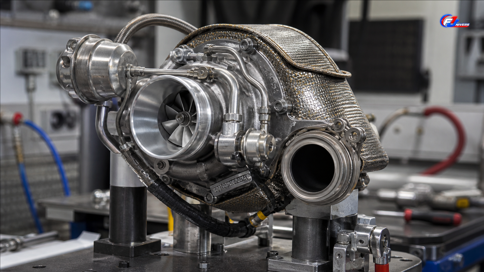 Turbocompresseur de compétition fictif sur un banc de composants, illustrant le turbo révisé attendu avec l’ADUO 2 Ferrari — visuel éditorial généré par IA pour F1 Univers.
