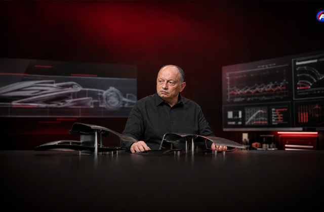 Frédéric Vasseur dans une salle d’ingénierie fictive consacrée au risque calculé chez Ferrari — visuel éditorial généré par IA