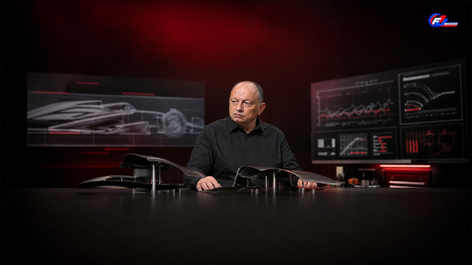 Frédéric Vasseur dans une salle d’ingénierie fictive consacrée au risque calculé chez Ferrari — visuel éditorial généré par IA