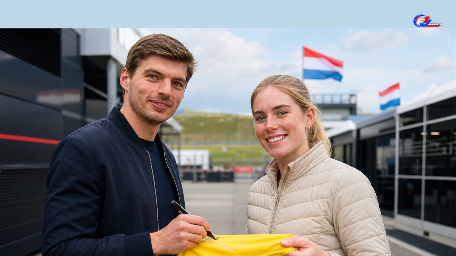 Visuel éditorial généré par IA de Max Verstappen et Demi Vollering dans le paddock de Zandvoort