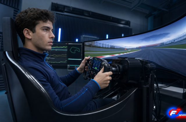 Visuel éditorial généré par IA montrant Victor Martins au volant du simulateur de développement de Williams à Grove