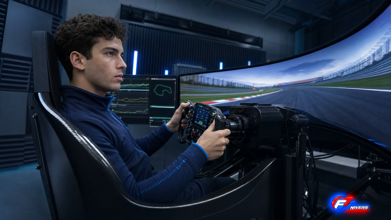 Visuel éditorial généré par IA montrant Victor Martins au volant du simulateur de développement de Williams