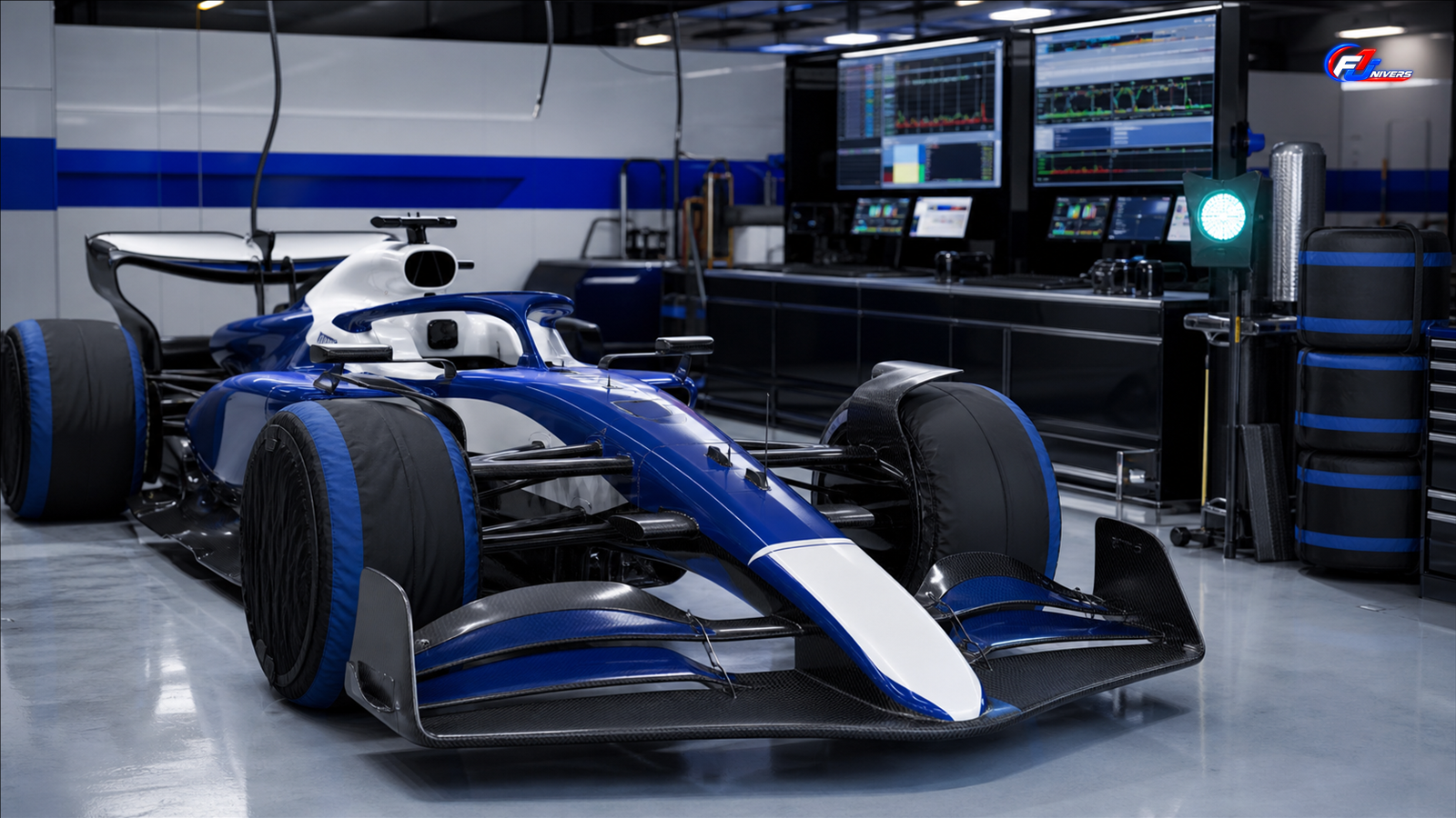 Monoplace fictive et matériel de garage pour illustrer la préparation de l’EL1 de Luke Browning à Monza — visuel éditorial généré par IA pour F1 Univers.