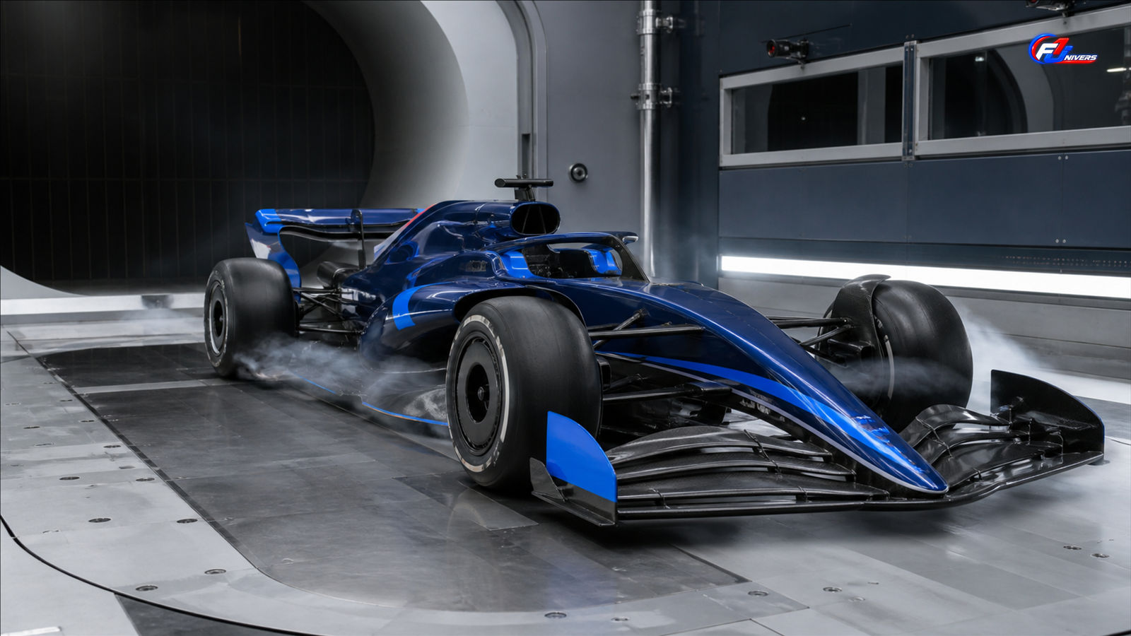 Monoplace fictive bleu sombre en soufflerie pour illustrer les difficultés aérodynamiques de Williams — visuel éditorial généré par IA pour F1 Univers.