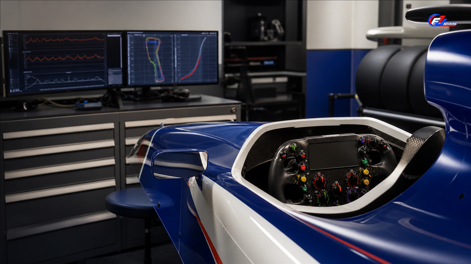 Cockpit de simulateur illustrant la préparation de Yuki Tsunoda avant son retour ponctuel à Zandvoort — visuel éditorial généré par IA pour F1 Univers.