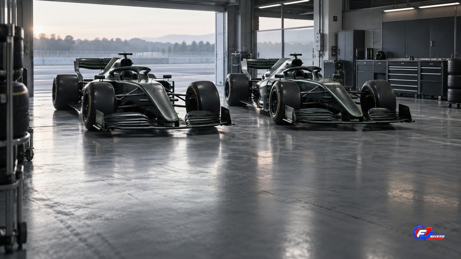 Alonso et Stroll en 2027 : visuel éditorial IA fictif de deux monoplaces génériques dans un garage sans marque.