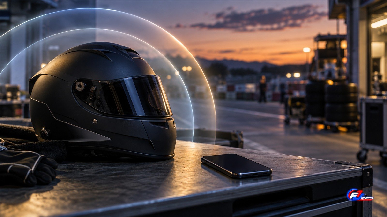Alpine condamne le harcèlement : visuel éditorial IA fictif d un casque et d un téléphone sur un stand générique.