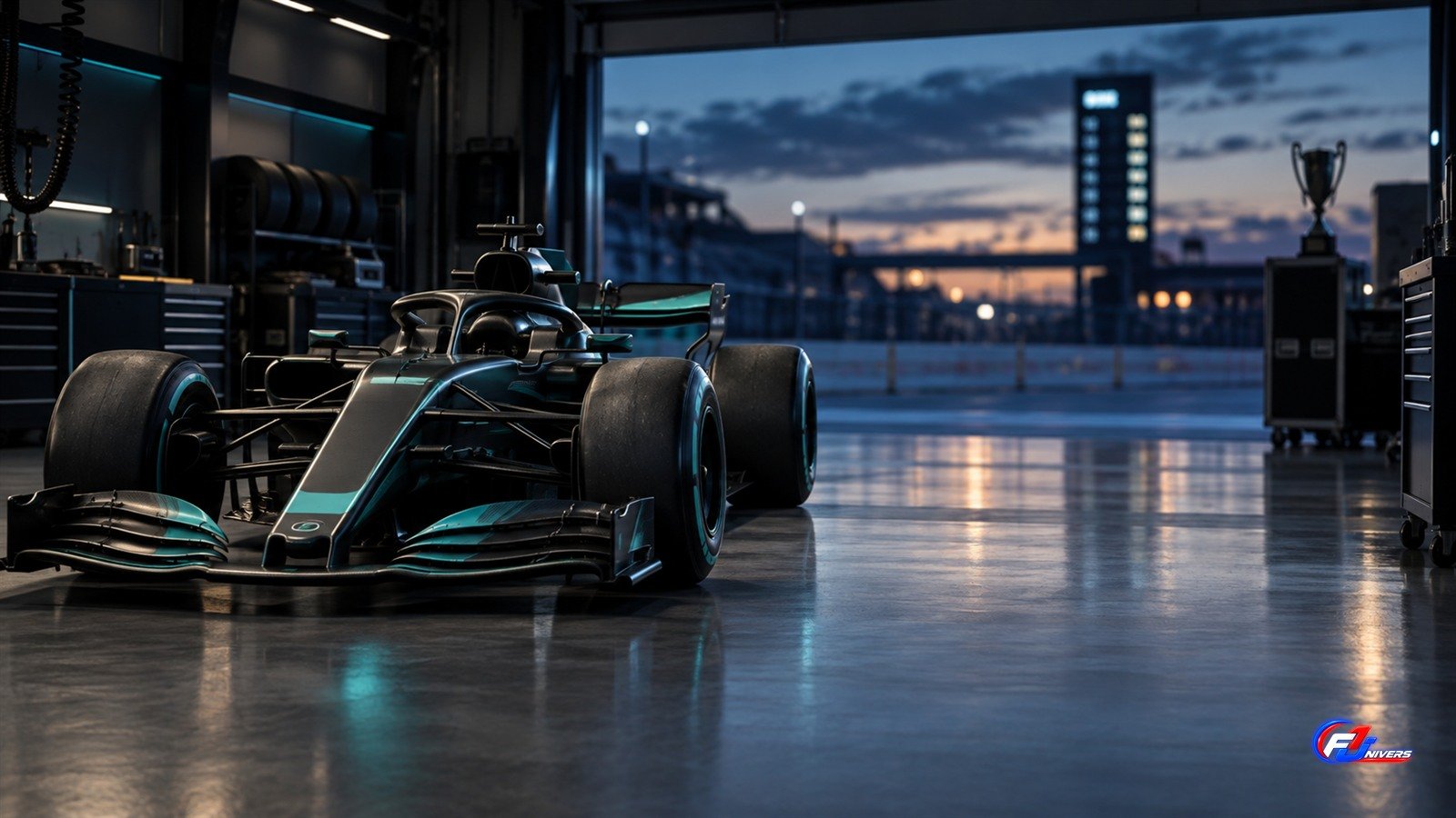 Visuel éditorial Antonelli champion F1 2026 : monoplace fictive dans un garage au crépuscule.