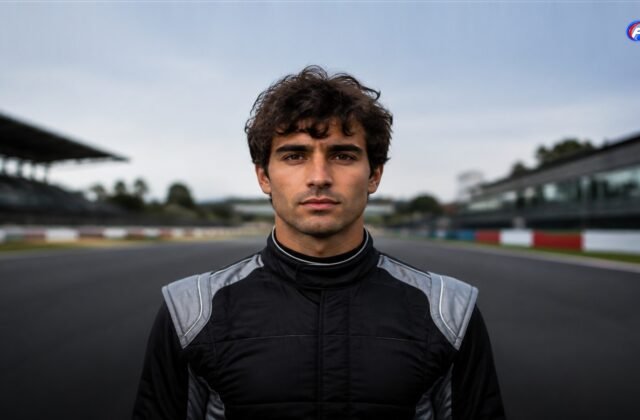Pilote de course fictif sur un circuit italien, visuel éditorial généré par IA pour F1 Univers.