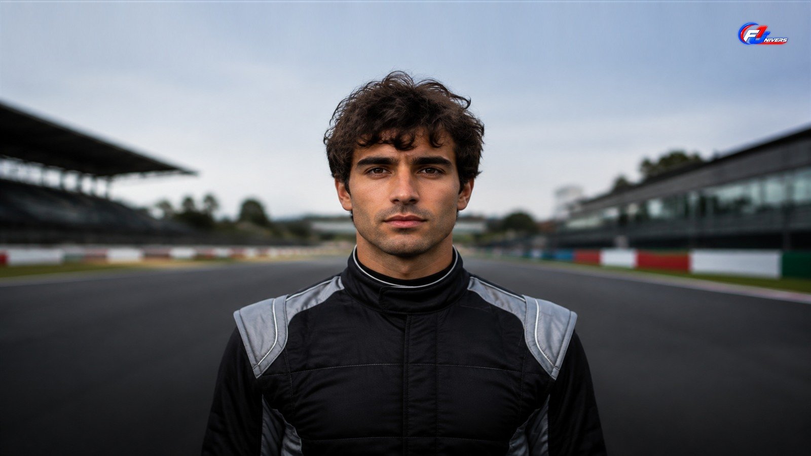 Pilote de course fictif sur un circuit italien, visuel éditorial généré par IA pour F1 Univers.