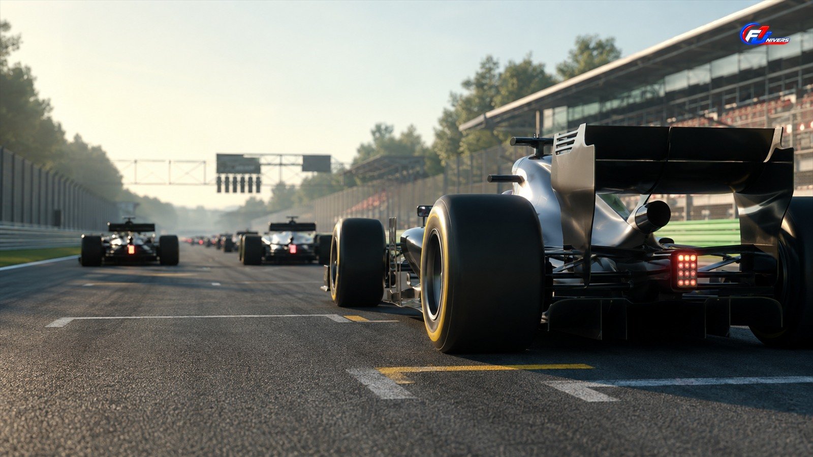 Monoplaces génériques sur une grille de départ italienne, visuel éditorial généré par IA pour F1 Univers.