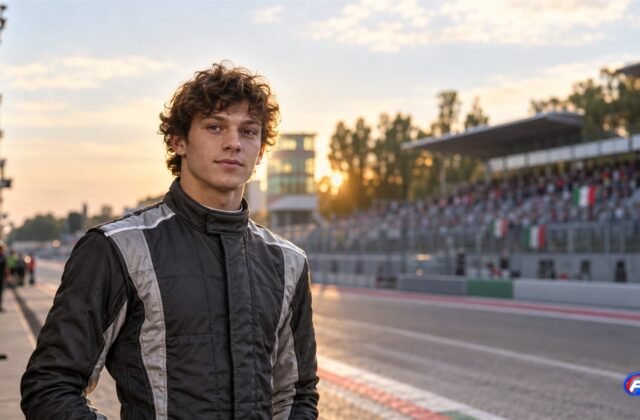 Visuel éditorial généré par IA de Kimi Antonelli à Monza, dans la voie des stands au soleil couchant