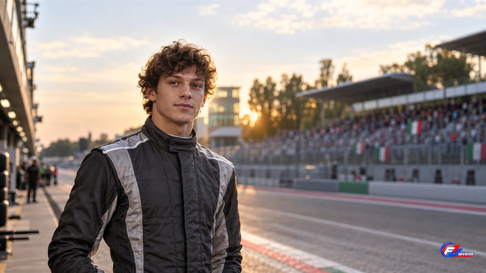 Visuel éditorial généré par IA de Kimi Antonelli à Monza, dans la voie des stands au soleil couchant