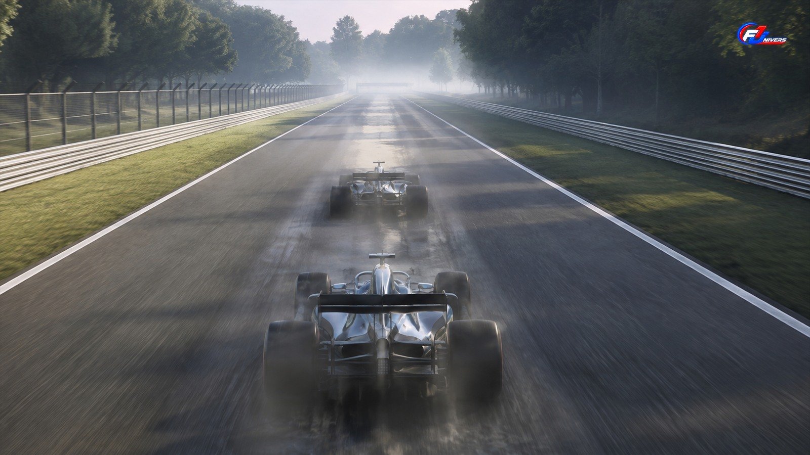 Deux monoplaces génériques roulant l’une derrière l’autre sur une longue ligne droite italienne, visuel éditorial généré par IA pour F1 Univers.
