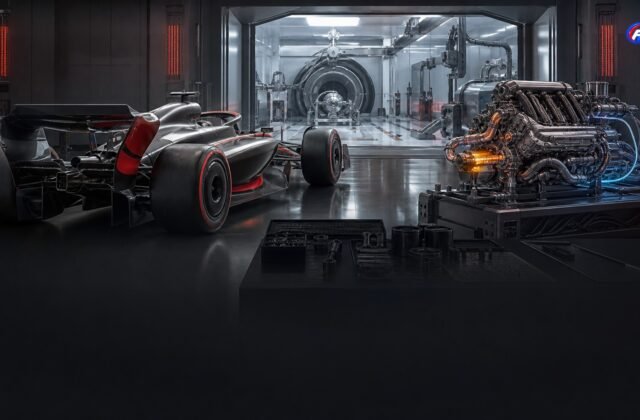 Monoplace et groupe propulseur hybrides fictifs dans un laboratoire, illustrant le développement Audi vers 2027 — visuel éditorial généré par IA