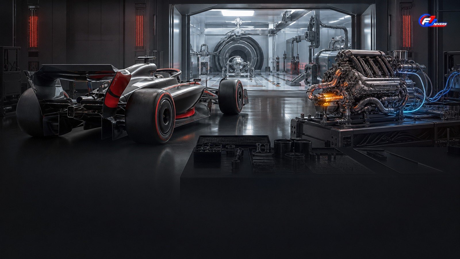 Monoplace et groupe propulseur hybrides fictifs dans un laboratoire, illustrant le développement Audi vers 2027 — visuel éditorial généré par IA