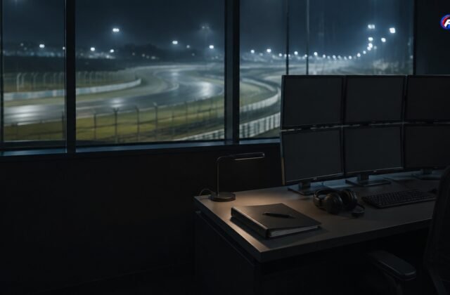 Salle fictive de contrôle de course face à un circuit de nuit