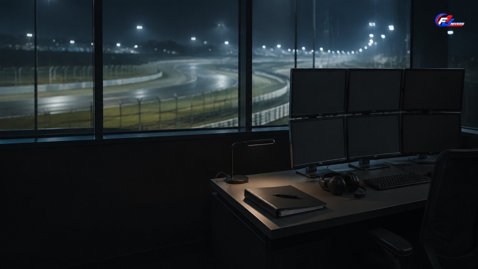 Salle fictive de contrôle de course face à un circuit de nuit