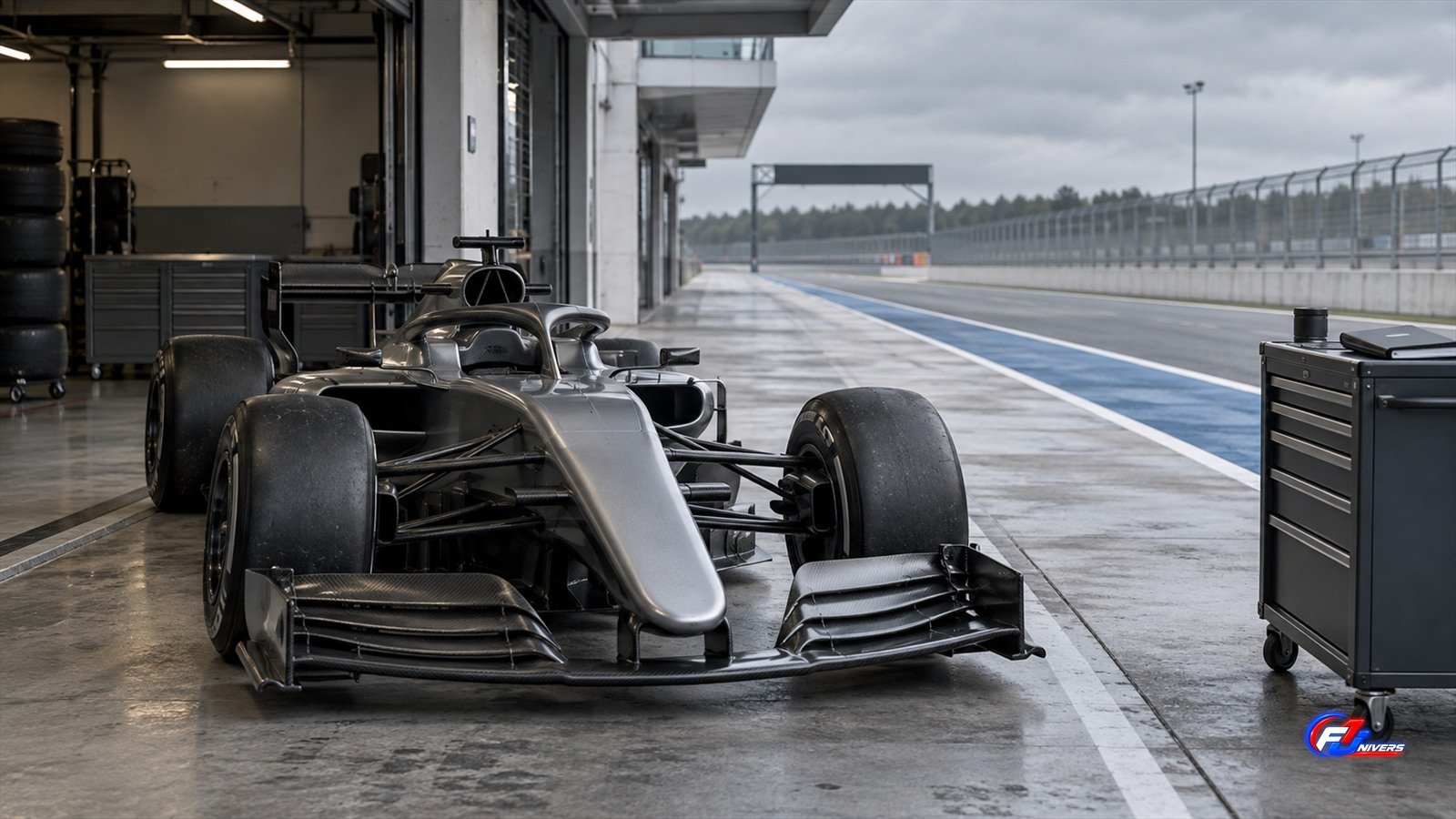 Bottas à Bakou : visuel éditorial IA fictif d une monoplace générique dans une voie des stands avec équipement technique.