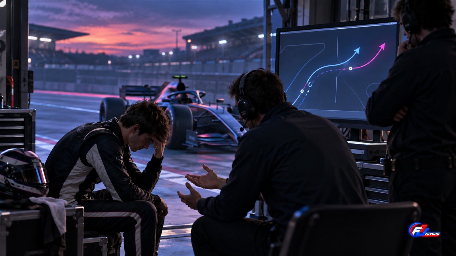 Briatore recadre Colapinto : visuel éditorial IA fictif d une discussion d équipe dans un garage de course générique.