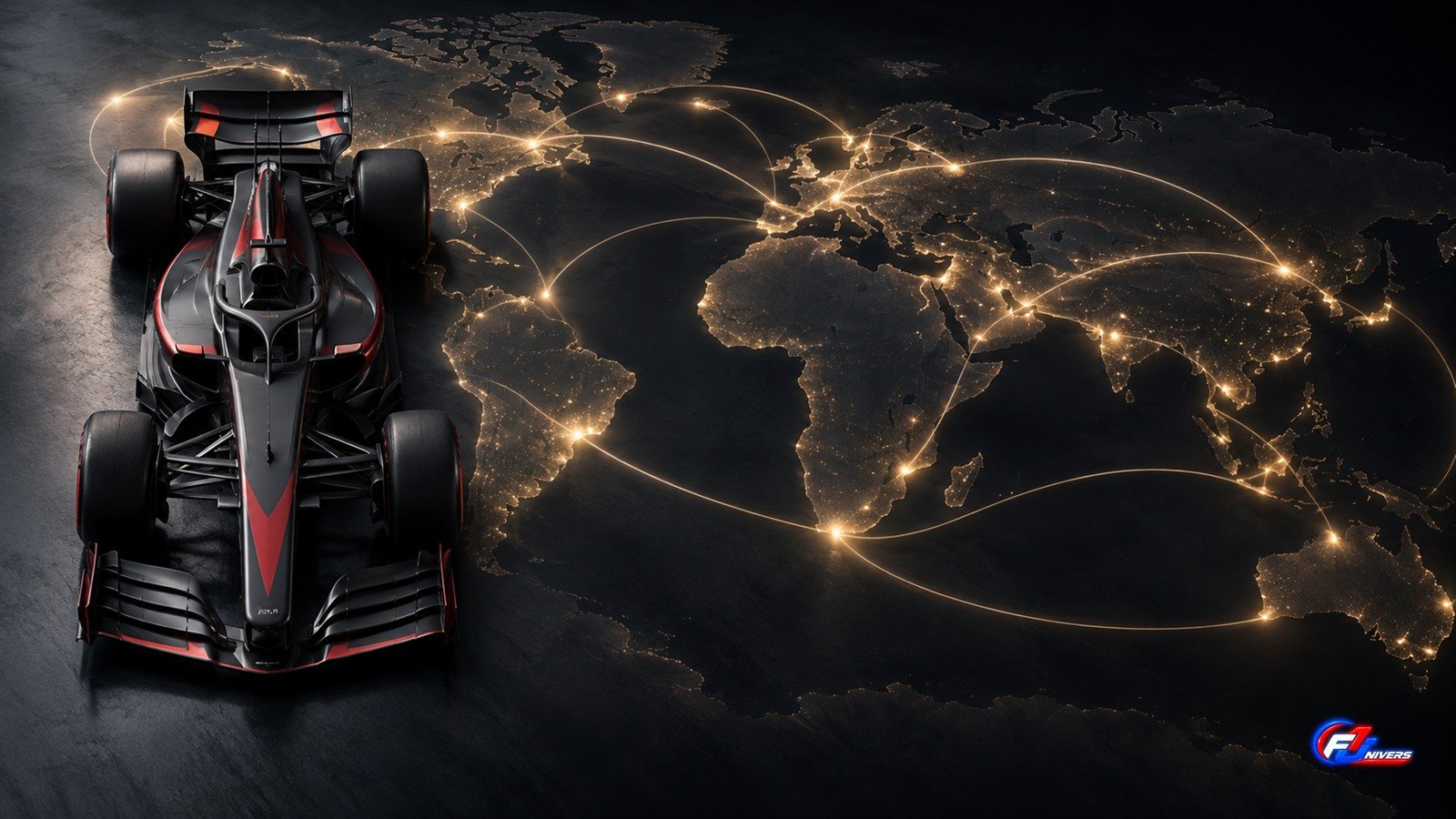 Visuel éditorial généré par IA : monoplace fictive et carte mondiale abstraite pour le calendrier F1 2027.