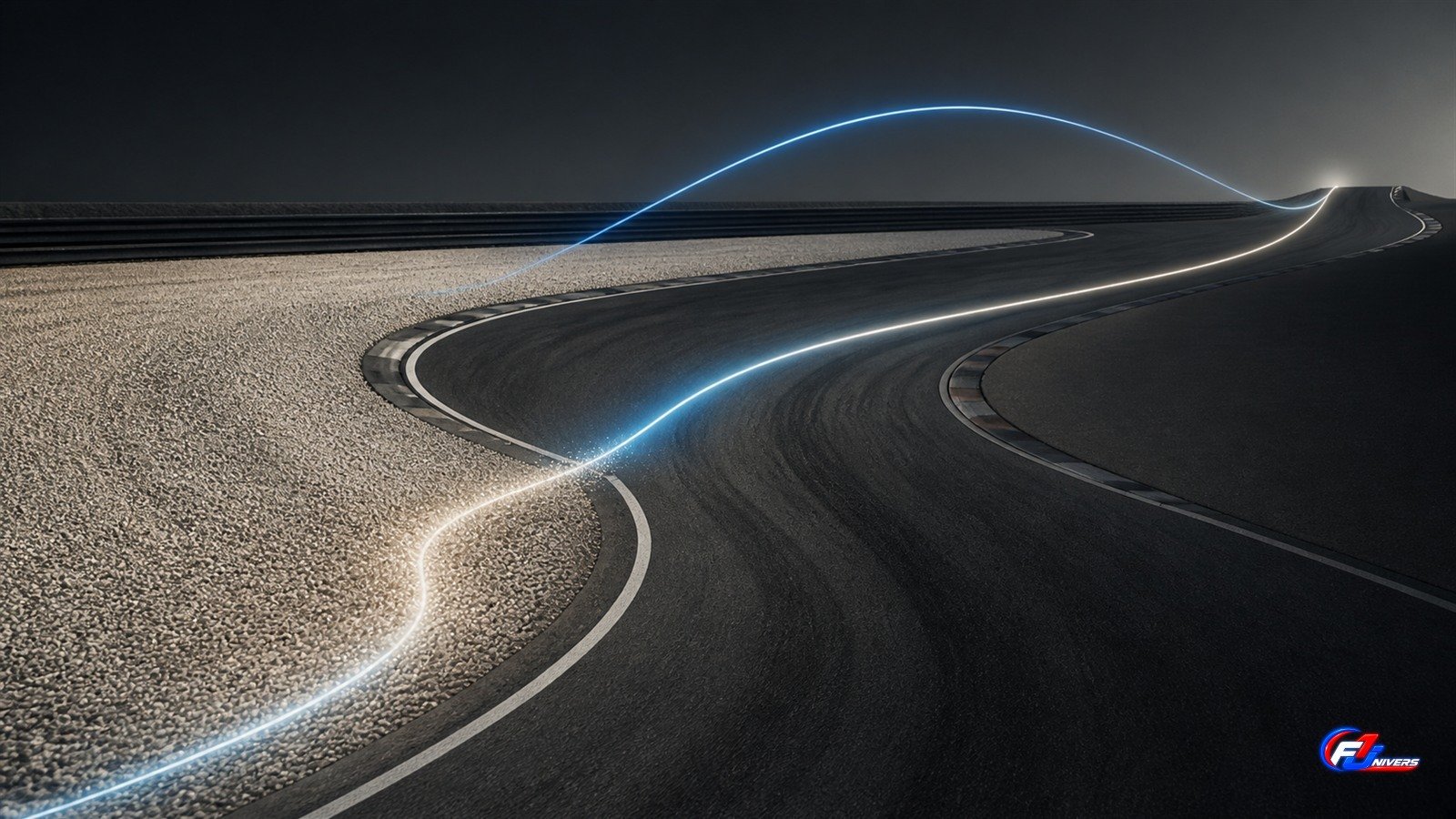 Schéma abstrait généré par IA montrant une trajectoire qui quitte la piste vers les graviers puis revient sur le circuit