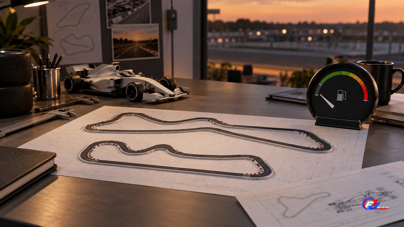 Courses F1 plus courtes en 2027 : visuel éditorial IA d une étude fictive sur circuit, carburant et distance de course.