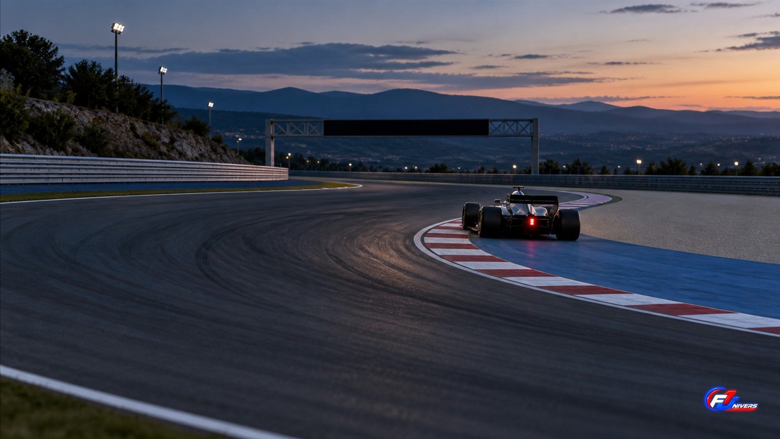 Visuel éditorial généré par IA d’une monoplace générique dans le dernier virage d’un circuit fictif