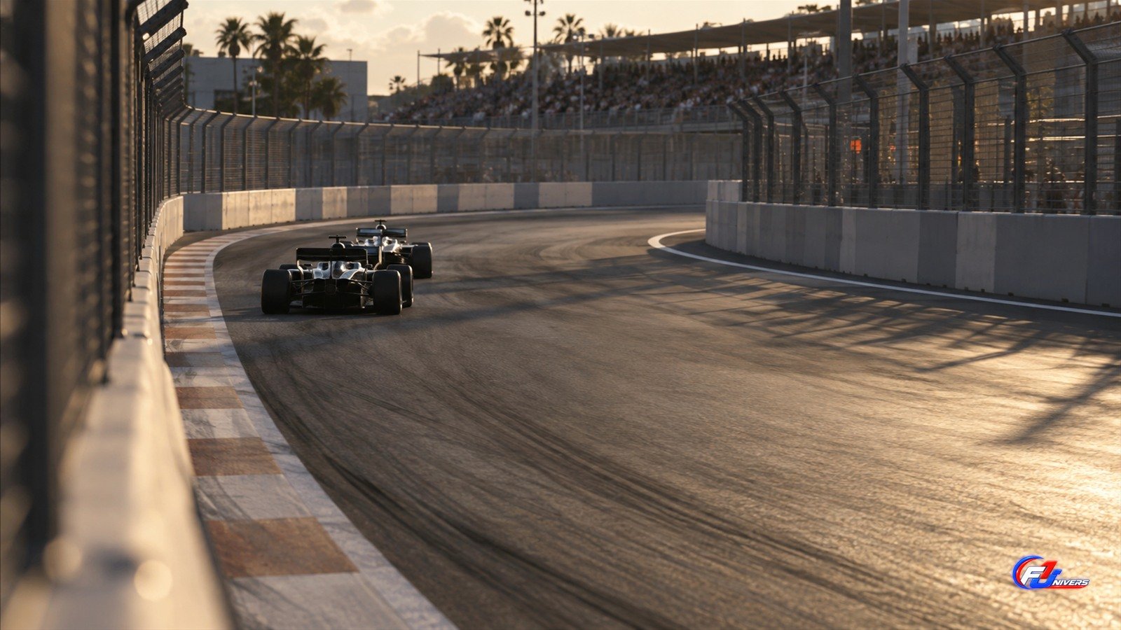 Visuel éditorial généré par IA de deux monoplaces génériques fictives sur un circuit urbain imaginaire