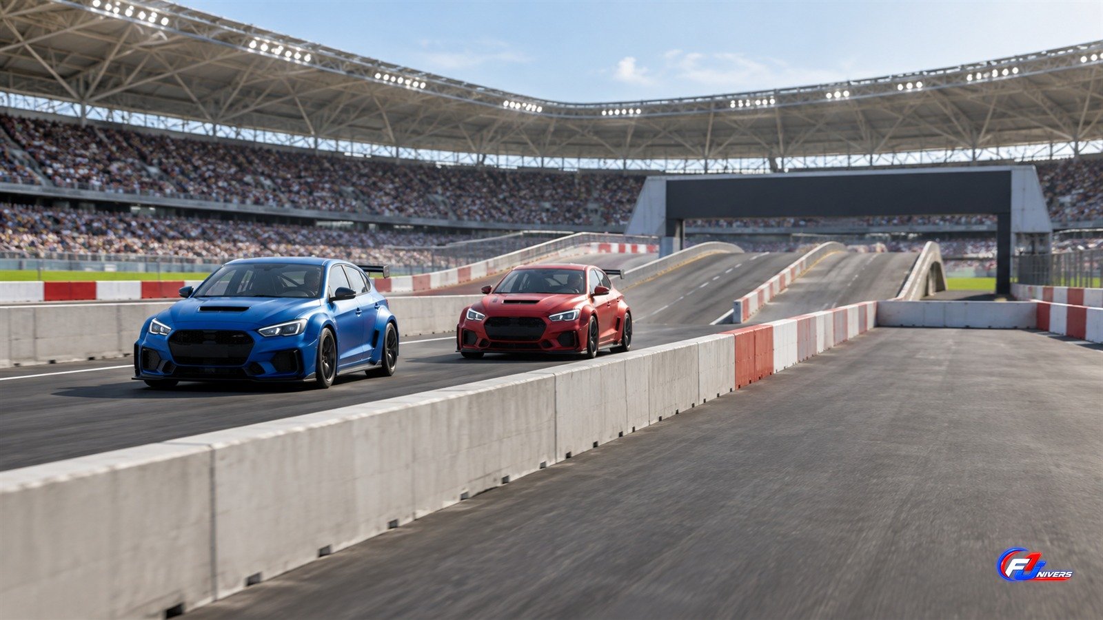 Illustration fictive de deux voitures de course génériques sur des voies parallèles dans un stade.