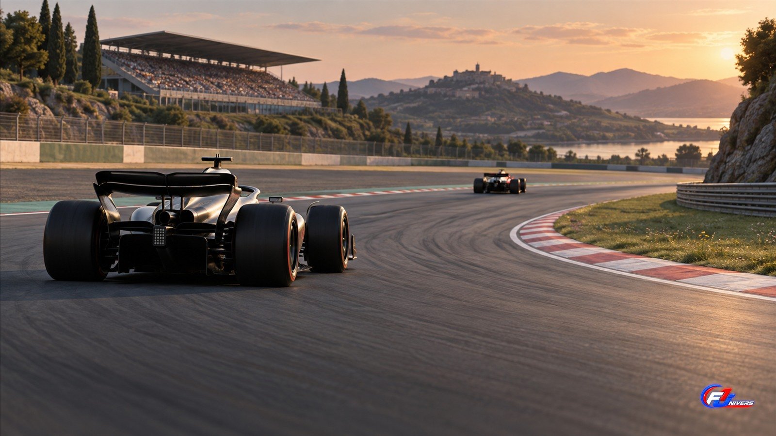 Visuel éditorial généré par IA de deux monoplaces génériques illustrant la course au titre F1 2026