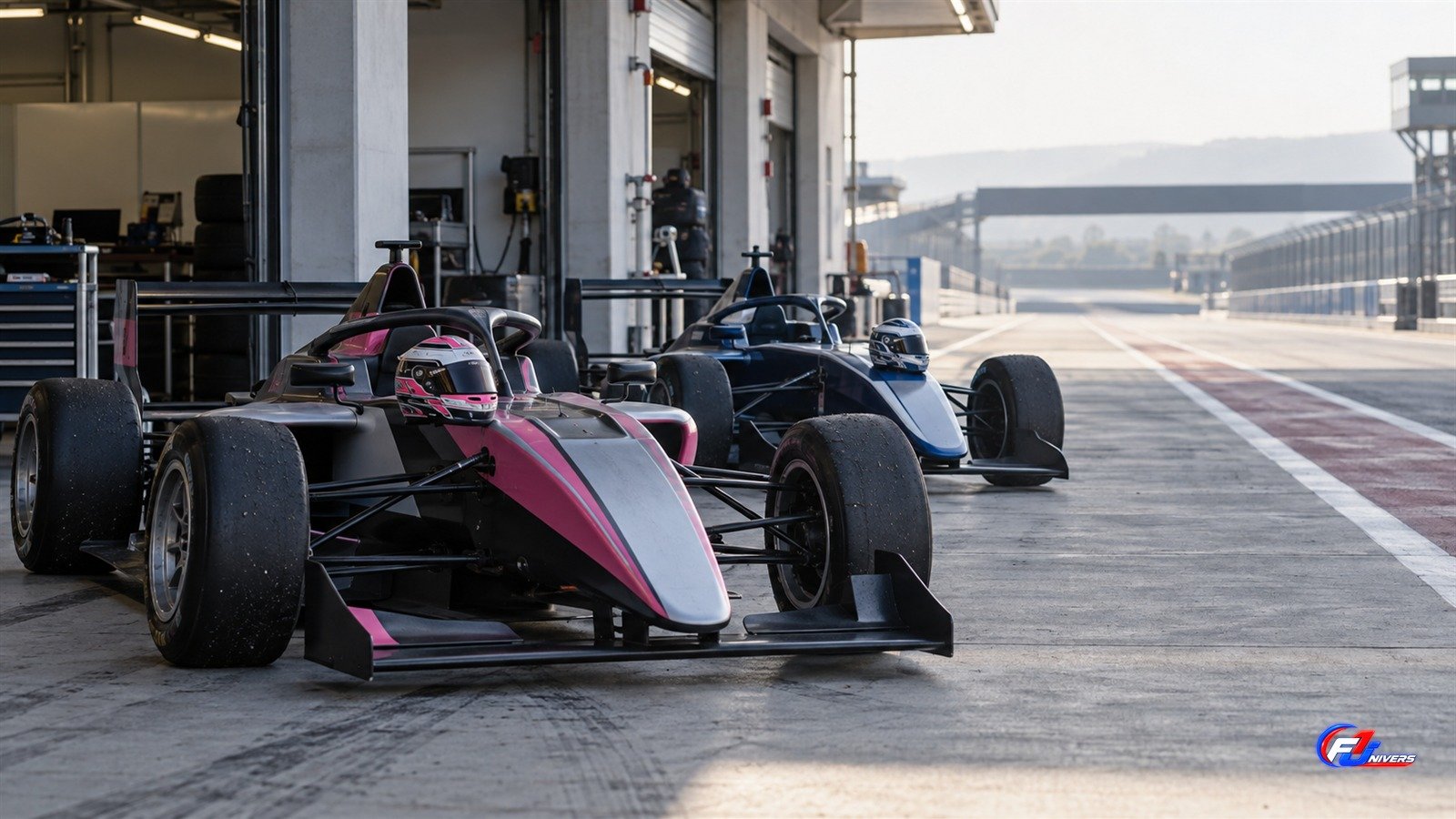 Deux monoplaces de formation fictives alignées dans une voie des stands, visuel éditorial généré par IA