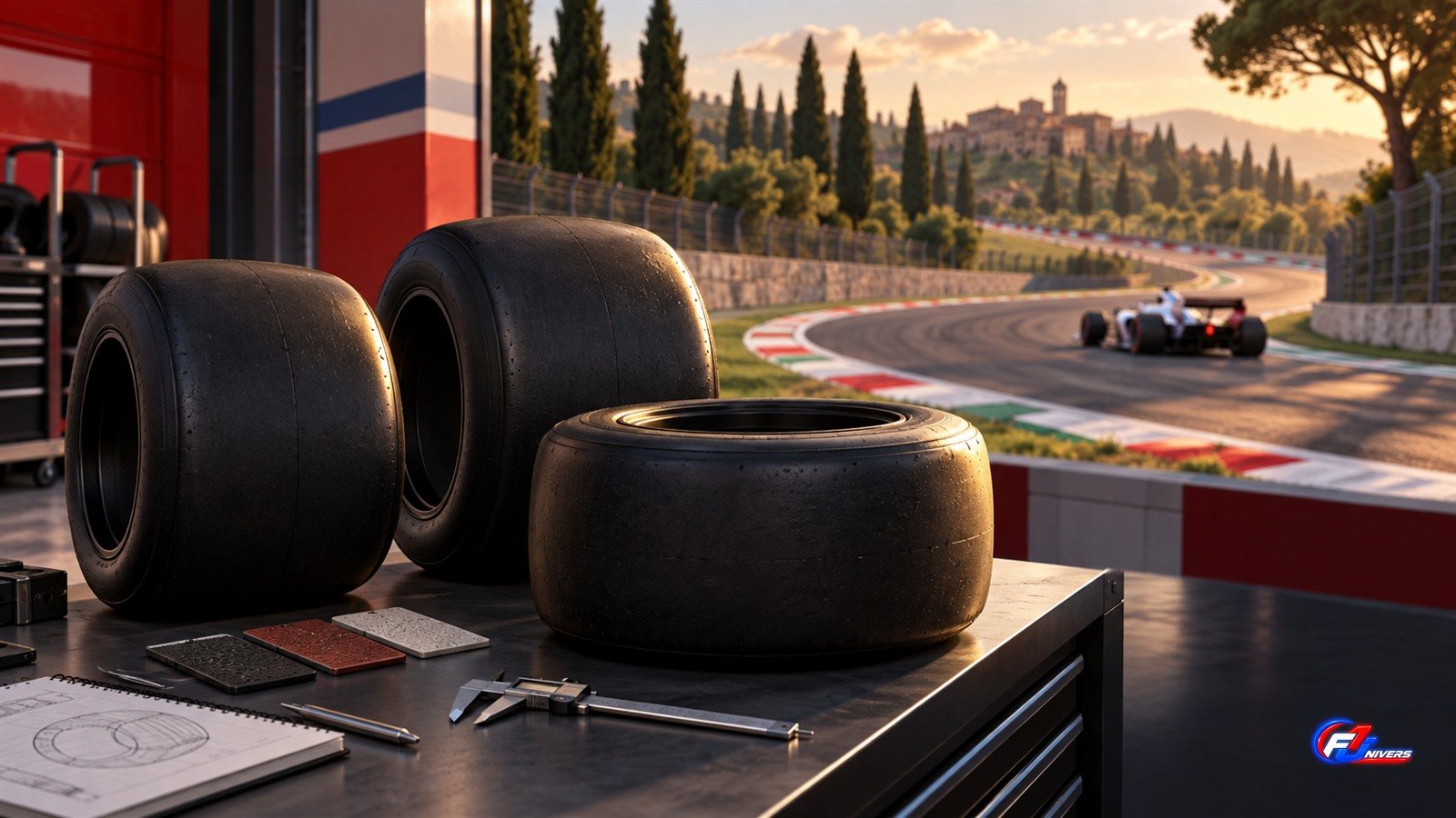 Essais Pirelli Imola 2027 : visuel éditorial généré par IA montrant trois pneus slicks fictifs dans un atelier de compétition imaginaire.