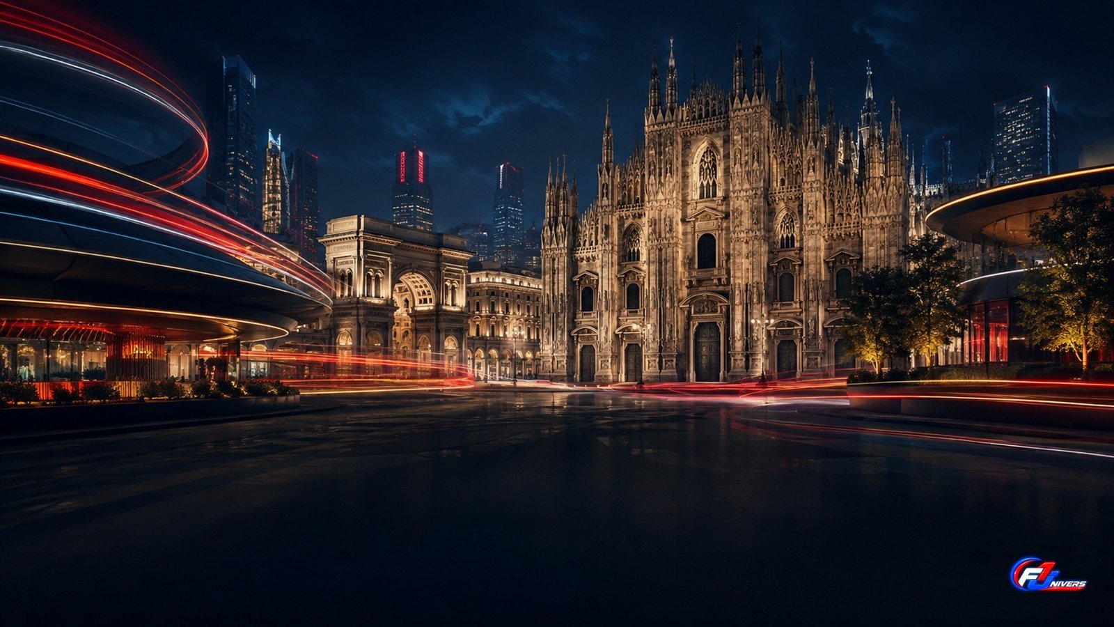 Visuel éditorial généré par IA évoquant Milan la nuit et des lignes lumineuses inspirées du sport automobile
