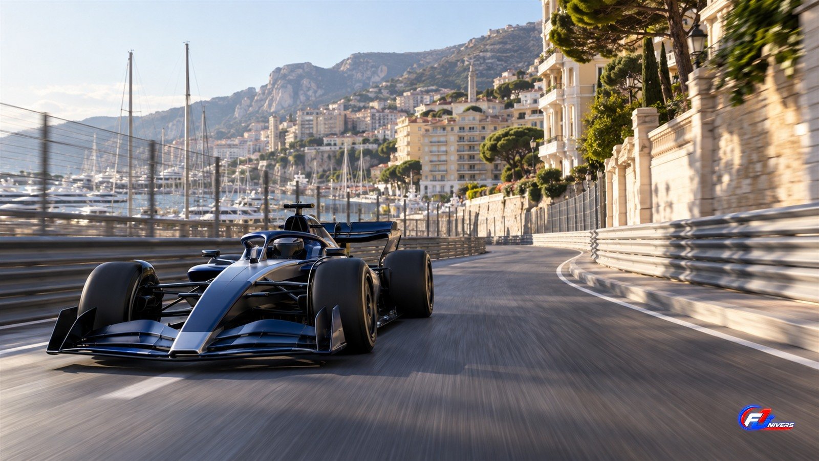 Visuel éditorial de la F1 Sprint 2027 : monoplace fictive sur un circuit urbain méditerranéen.