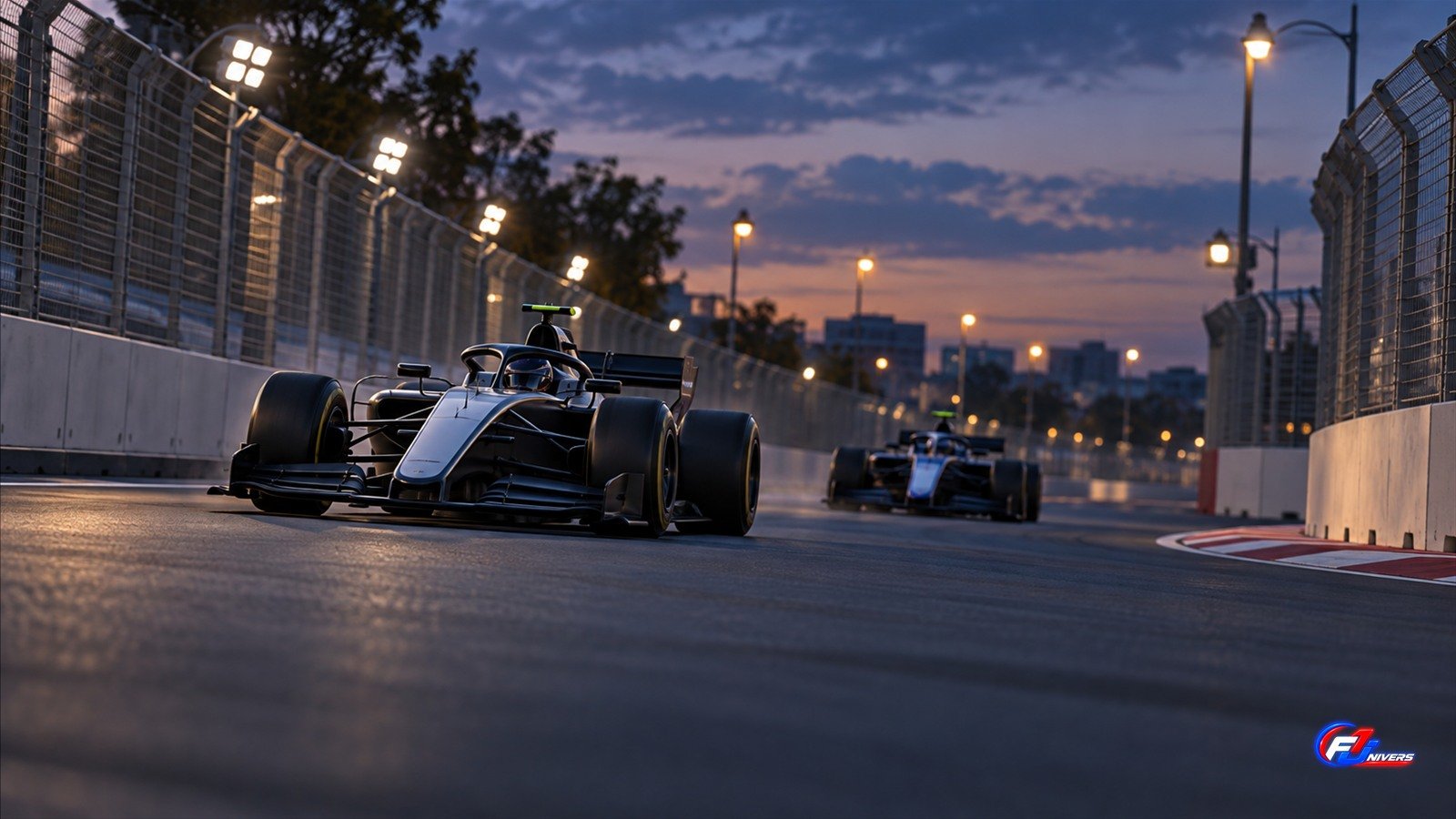 Visuel éditorial généré par IA de deux monoplaces génériques sur un circuit urbain fictif