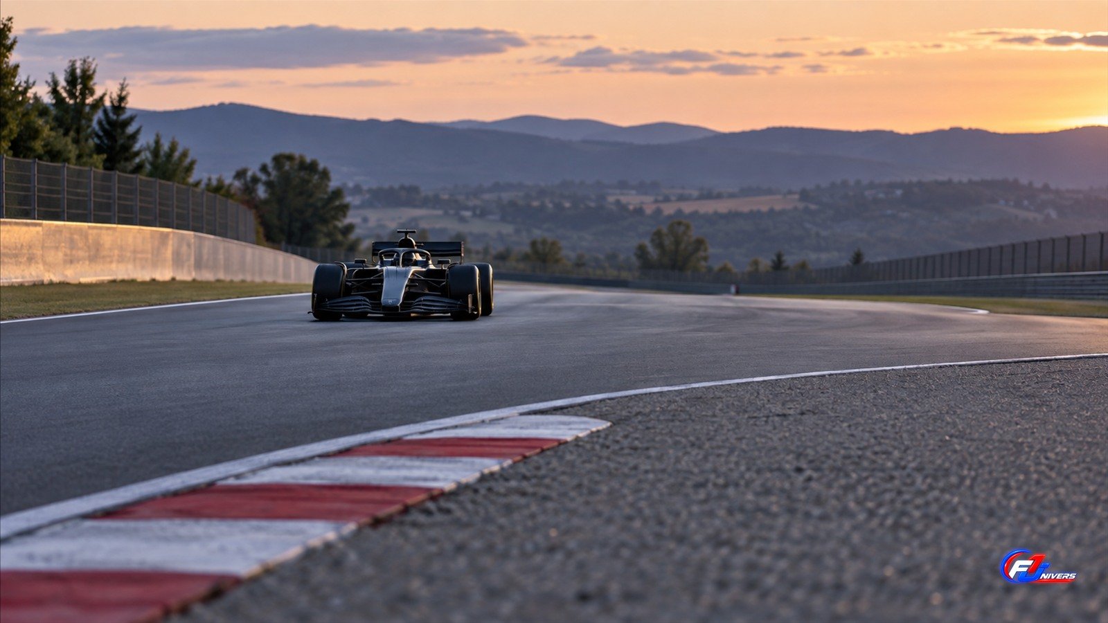 Visuel éditorial généré par IA d’une monoplace générique à l’approche d’un freinage sur circuit fictif