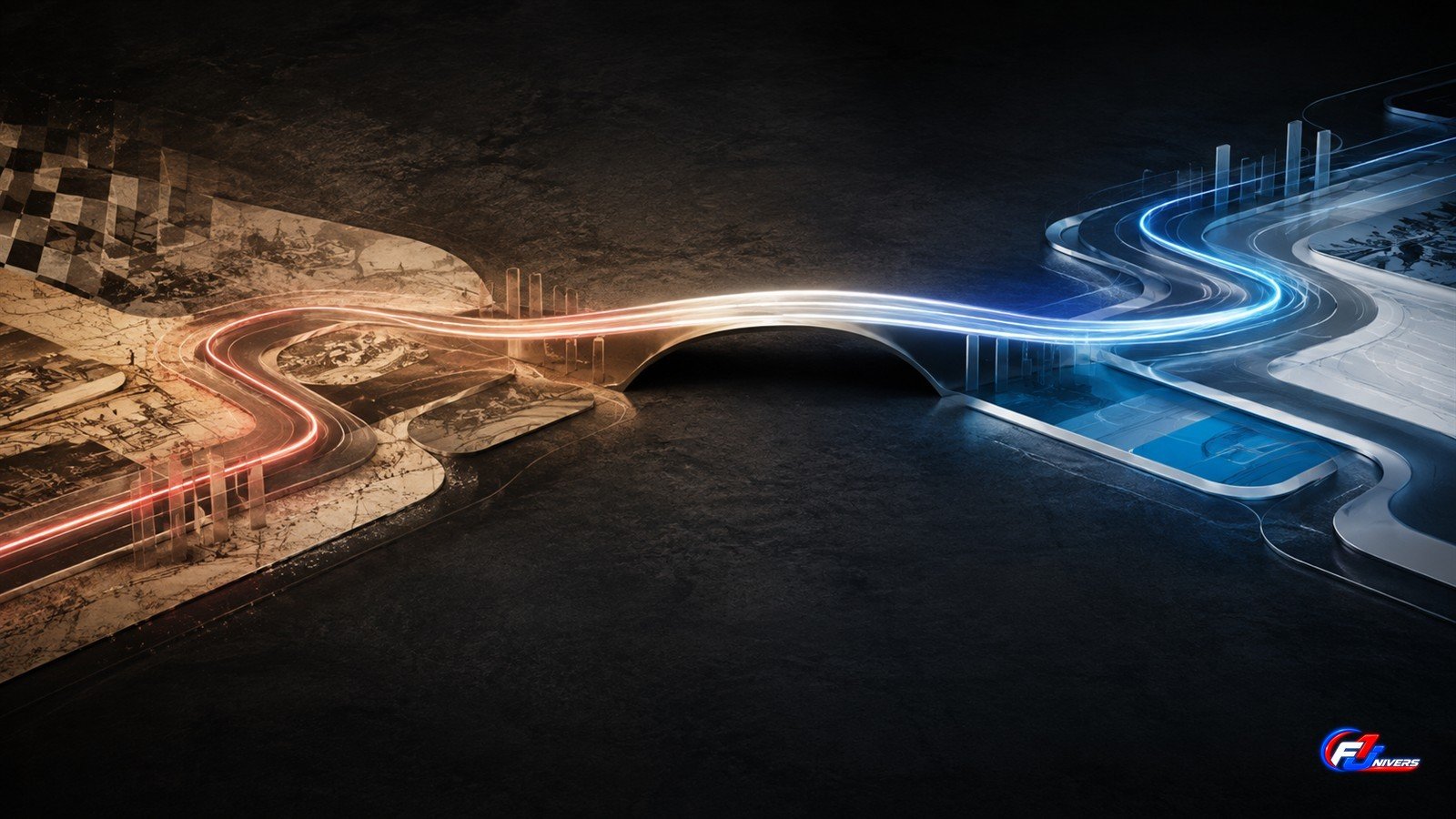 Visuel abstrait généré par IA montrant une trajectoire lumineuse reliant deux époques de course stylisées
