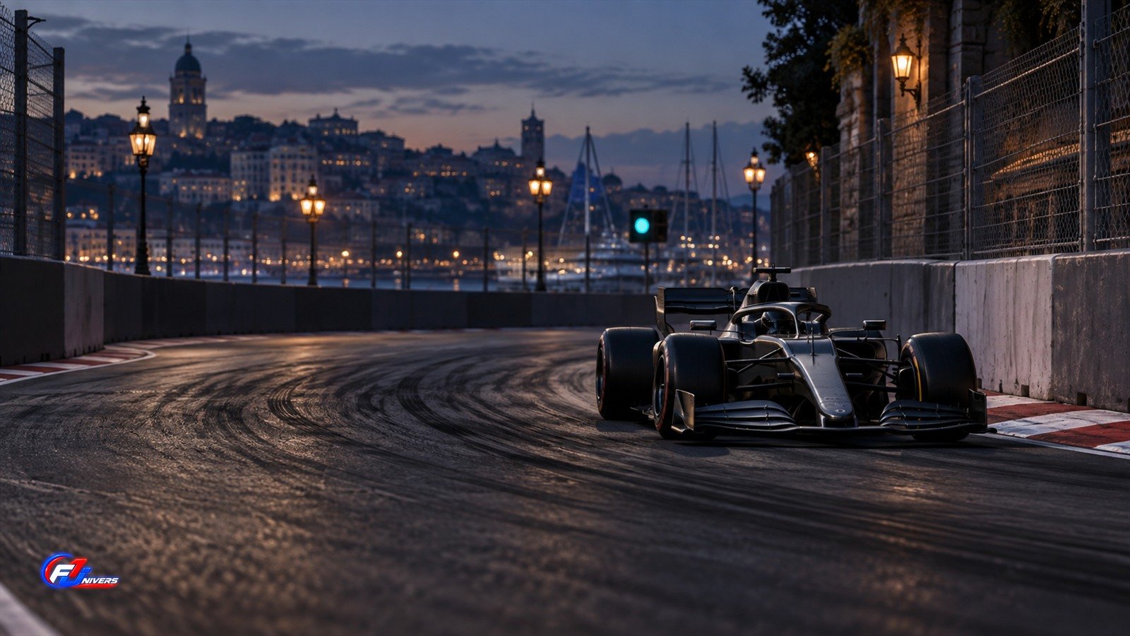 George Russell en pole à Bakou : visuel éditorial IA fictif d une monoplace générique sur un circuit urbain.